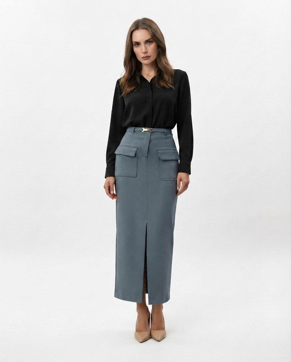 High Waisted Midi Pocket Skirt