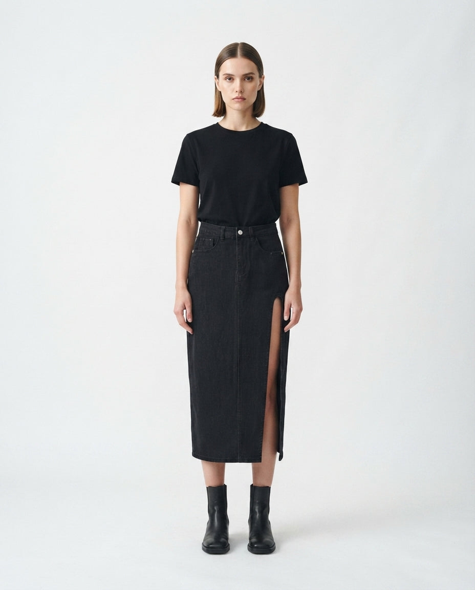 High Slit Midi Denim Skirt