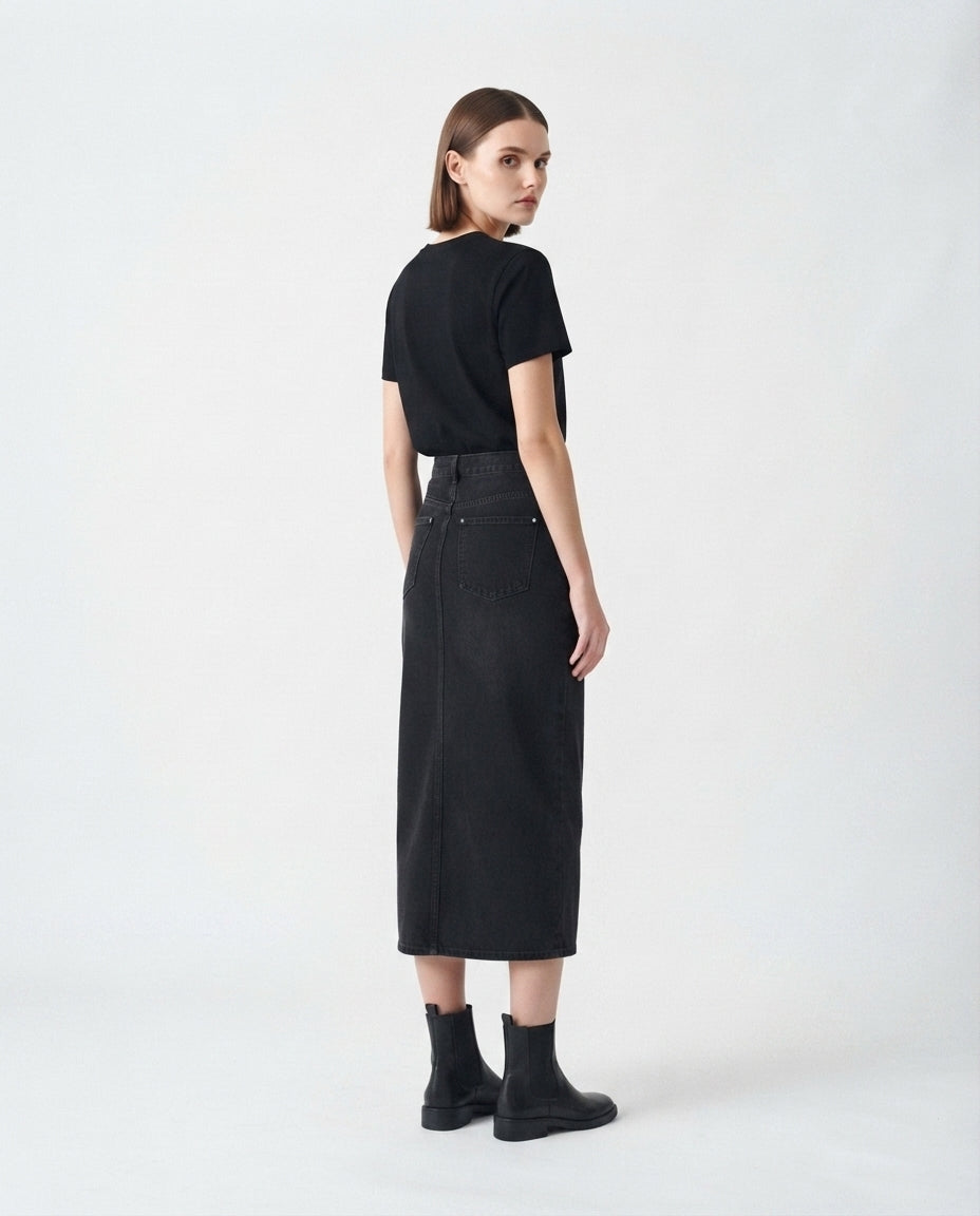 High Slit Midi Denim Skirt
