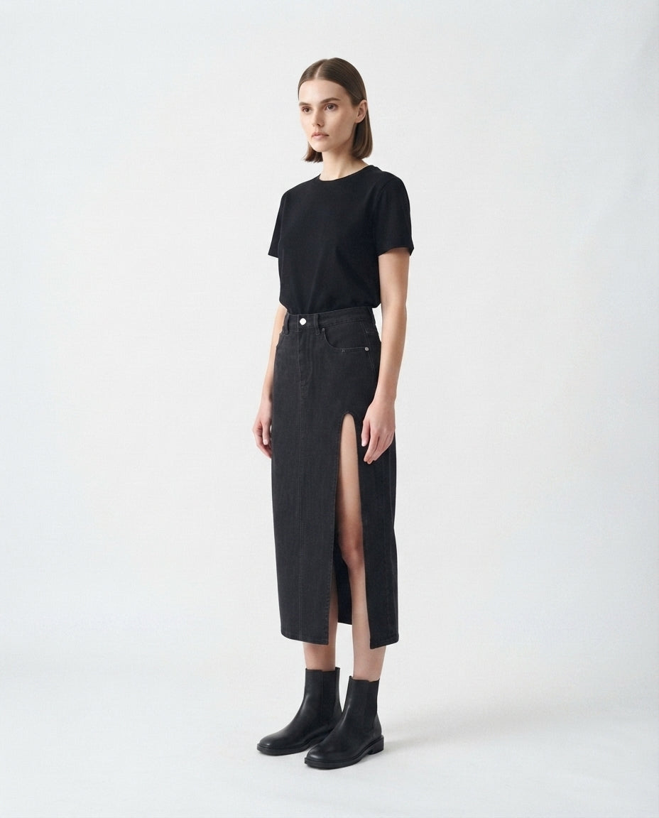 High Slit Midi Denim Skirt