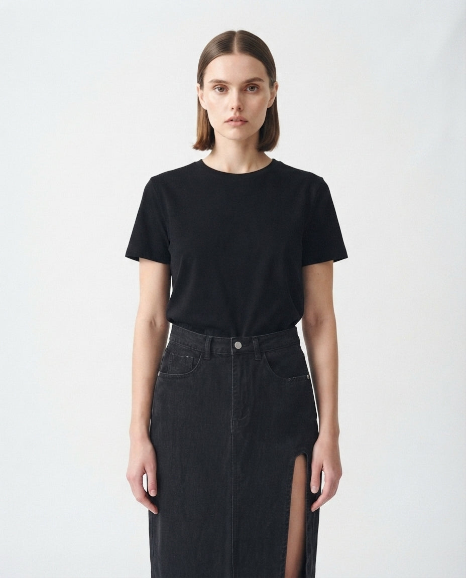High Slit Midi Denim Skirt