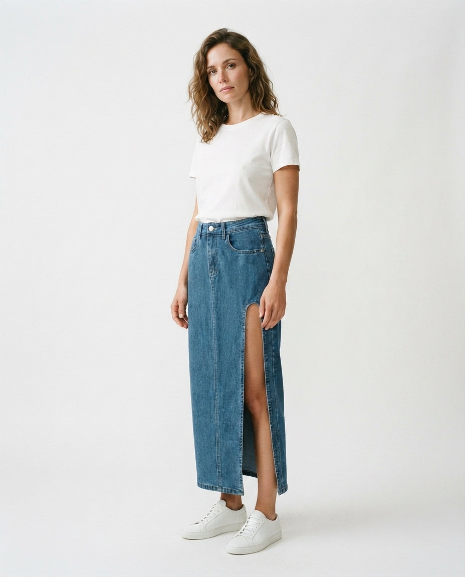 High Slit Midi Denim Skirt
