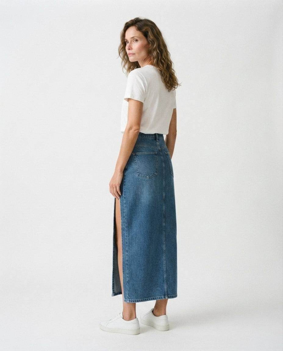 High Slit Midi Denim Skirt