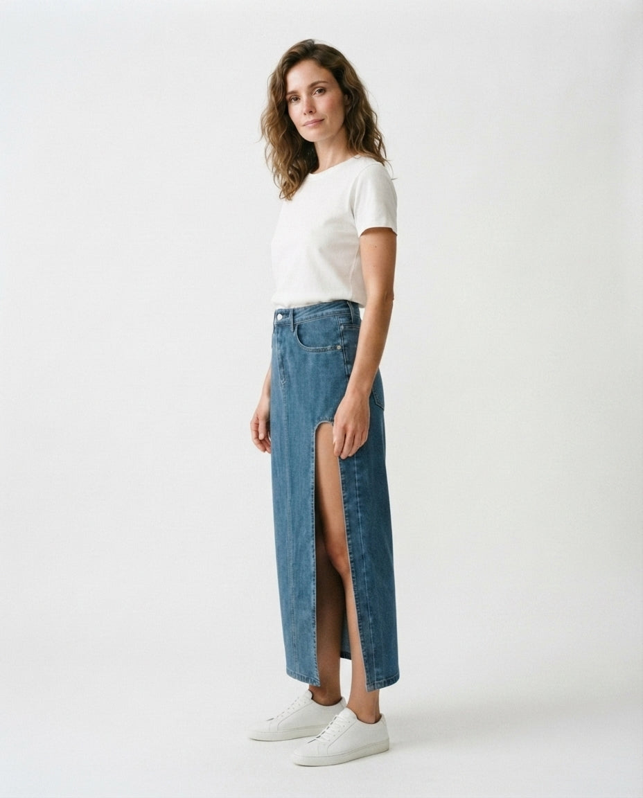 High Slit Midi Denim Skirt