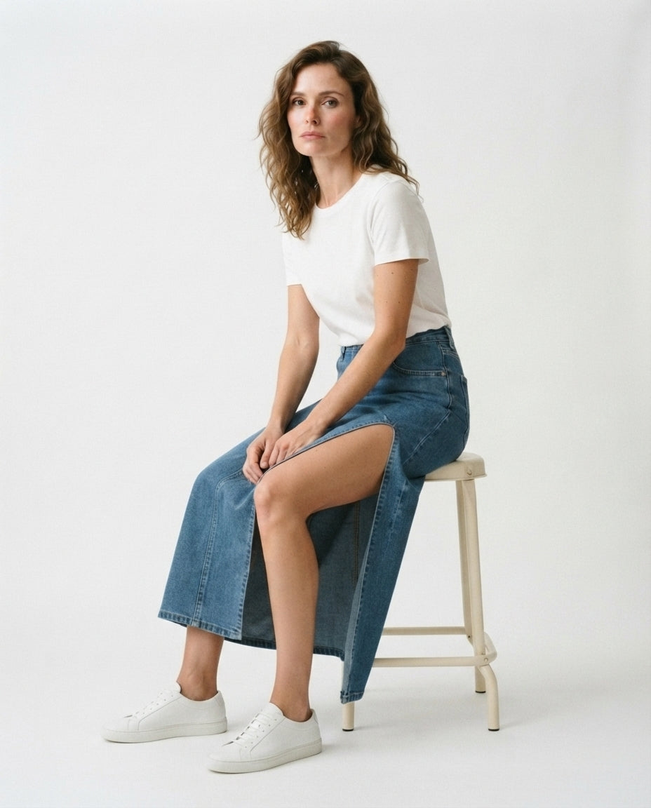 High Slit Midi Denim Skirt