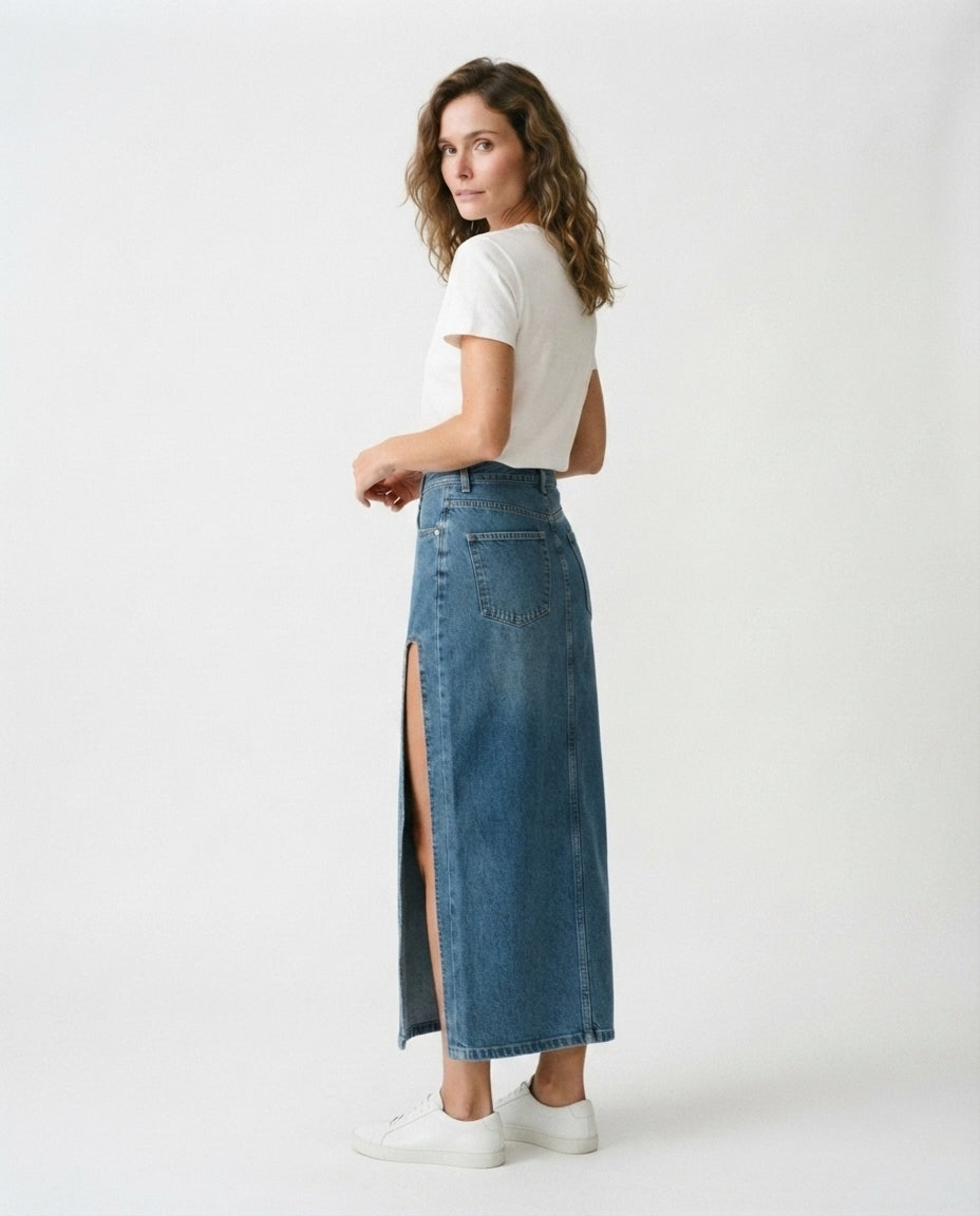 High Slit Midi Denim Skirt
