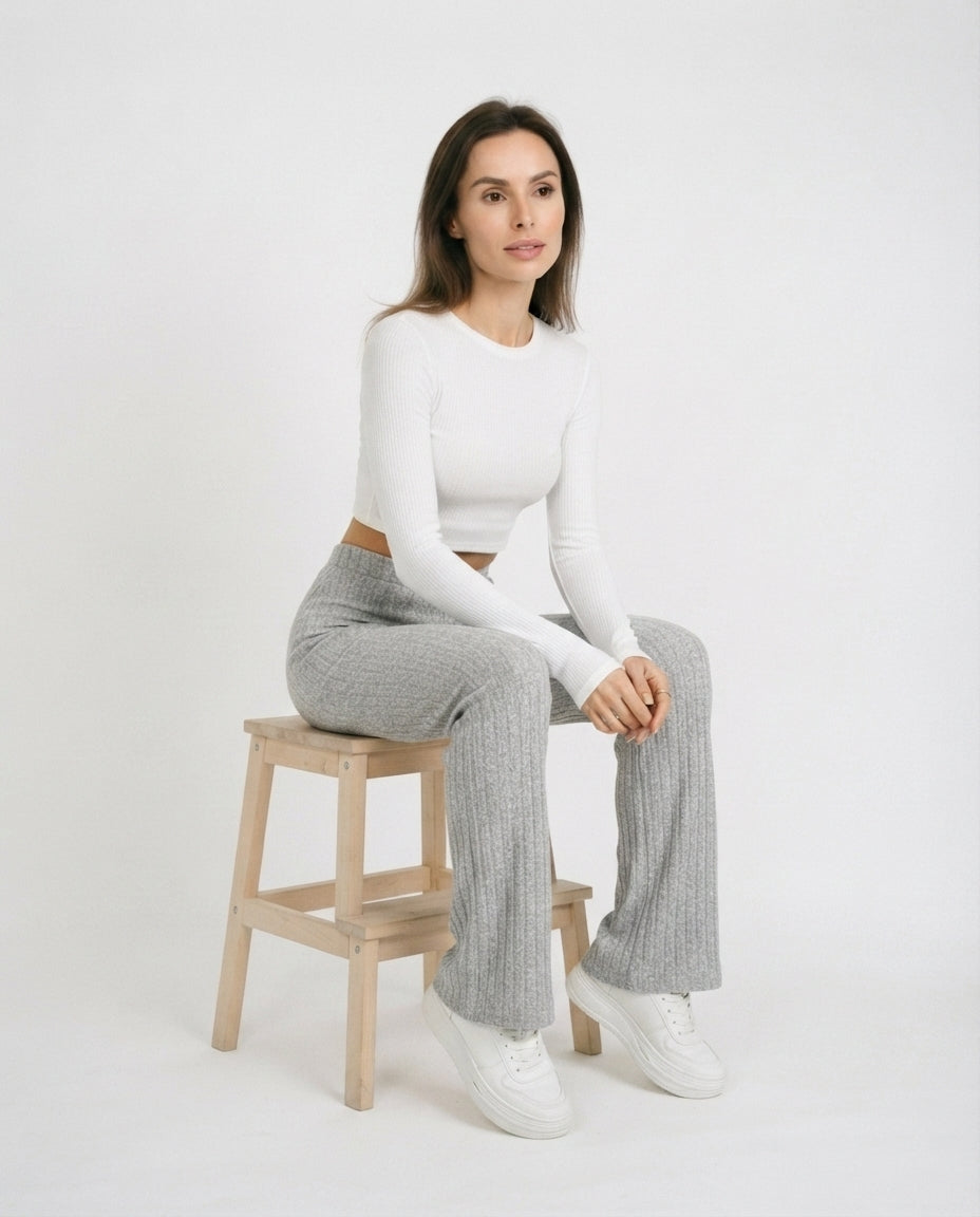 Ribbed High Waist Flare Trousers