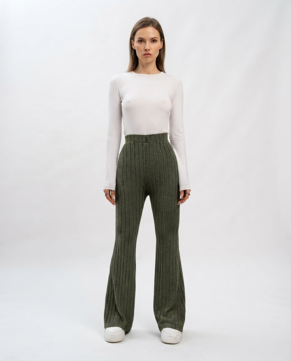 Ribbed High Waist Flare Trousers