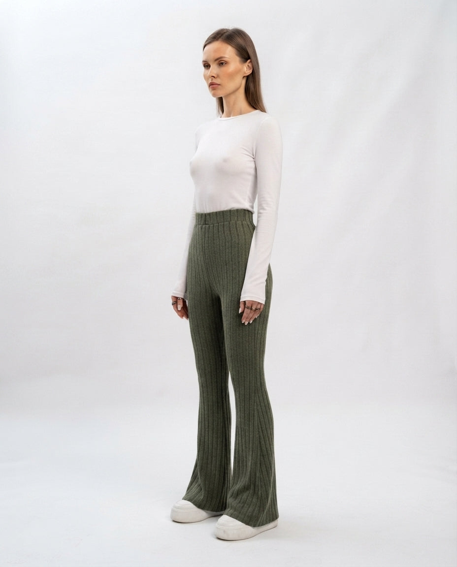 Ribbed High Waist Flare Trousers