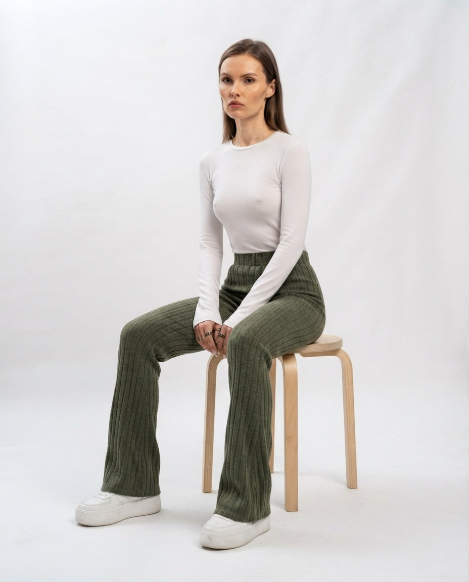 Ribbed High Waist Flare Trousers