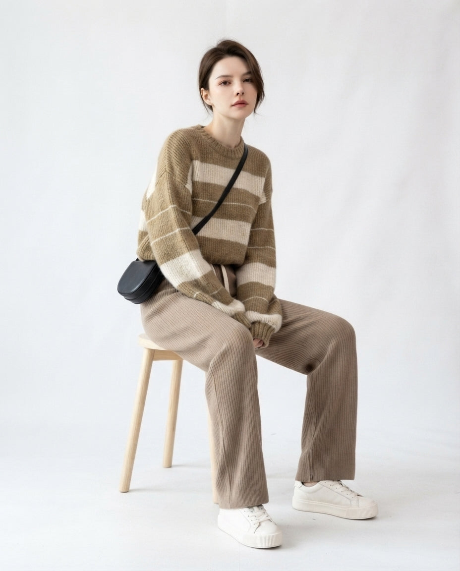 Ribbed Knit Wide Leg Trousers