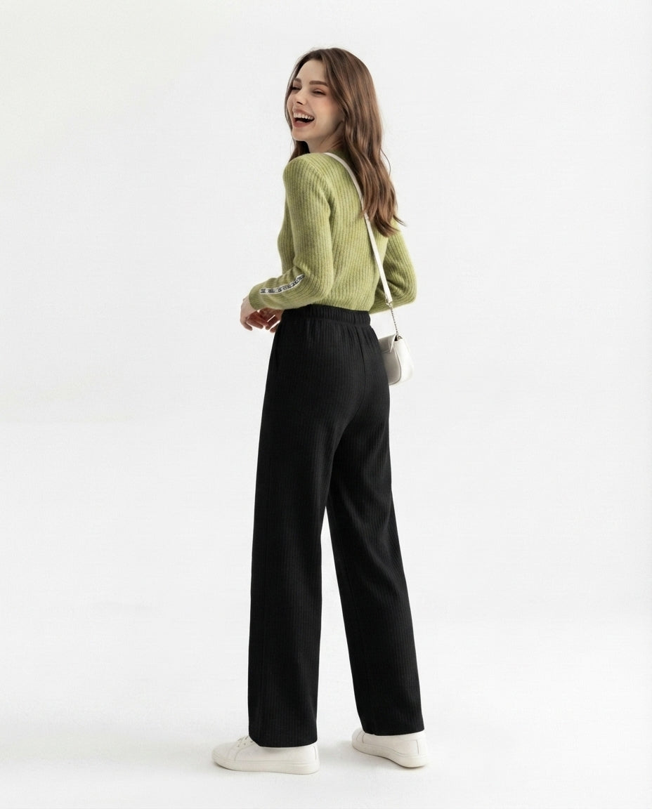 Ribbed Knit Wide Leg Trousers