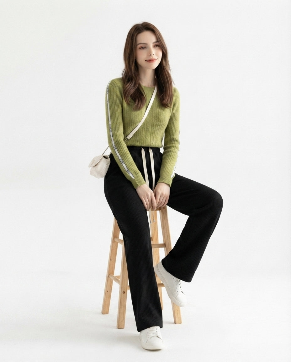 Ribbed Knit Wide Leg Trousers
