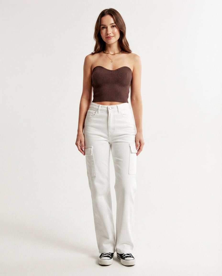 High Waisted Cargo Denim Trousers