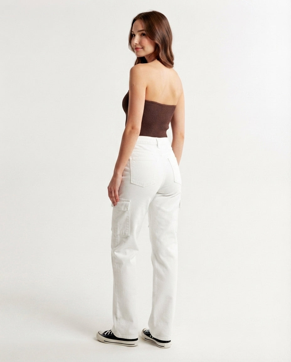 High Waisted Cargo Denim Trousers