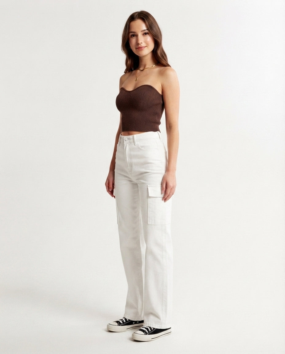 High Waisted Cargo Denim Trousers