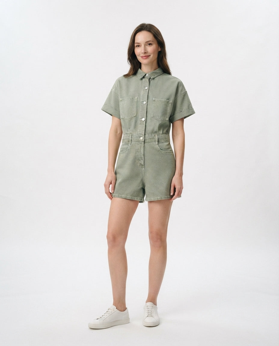 Utility Button Down Denim Romper