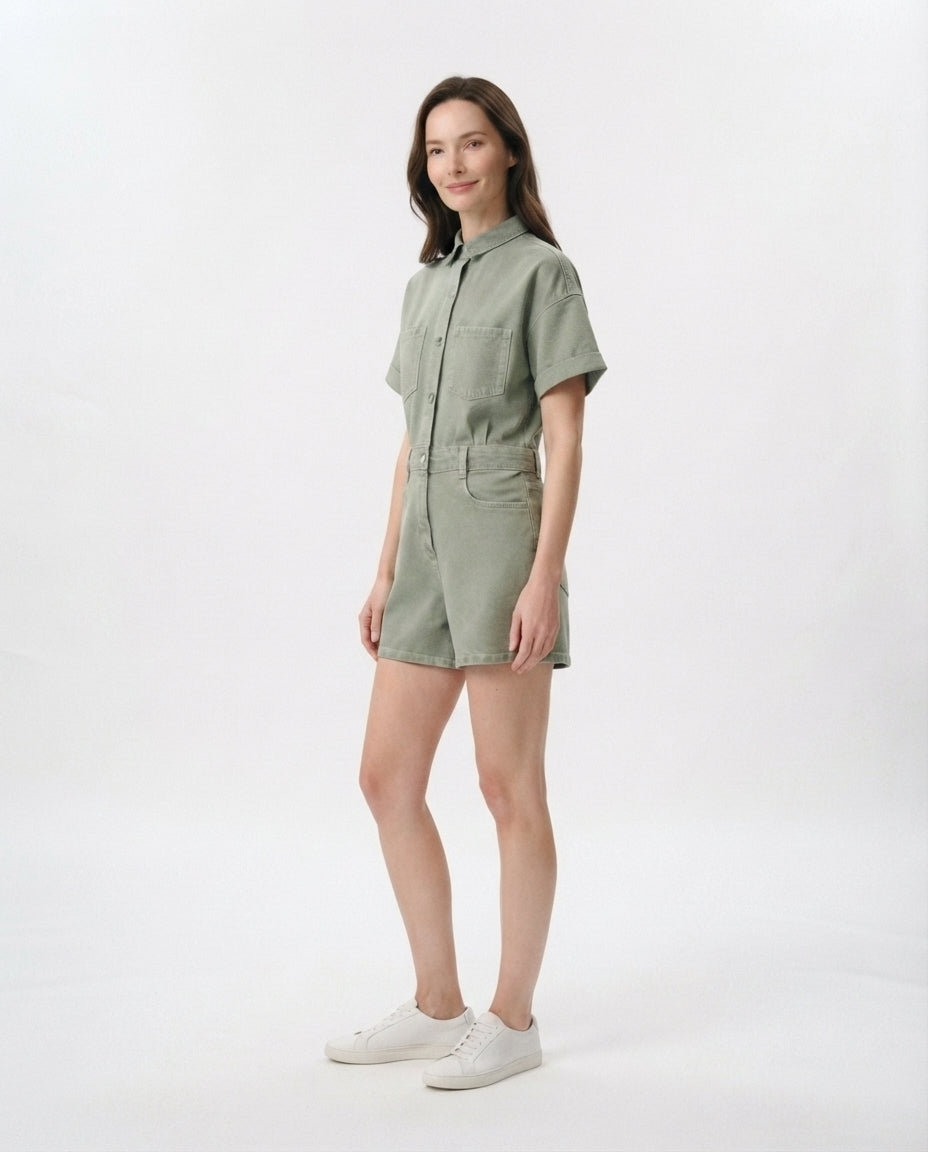 Utility Button Down Denim Romper