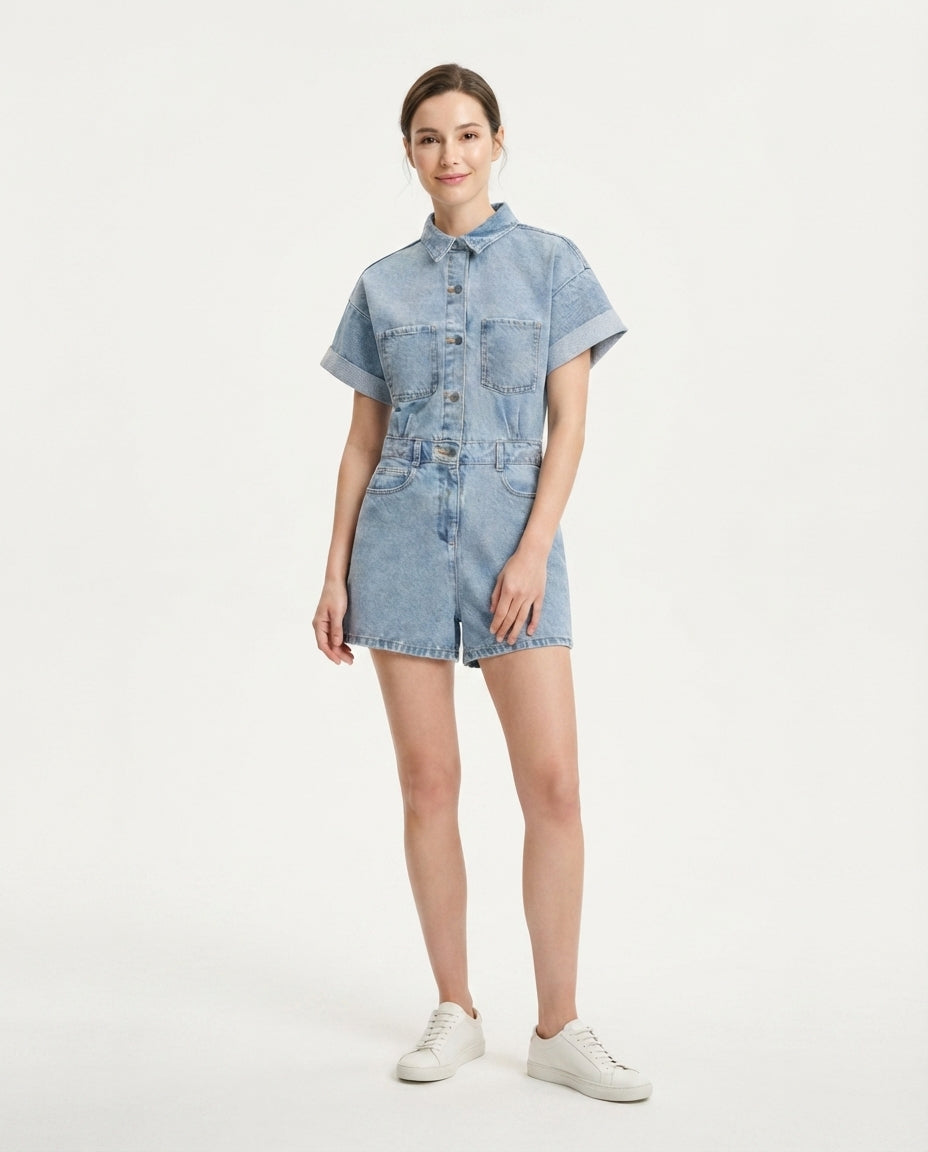 Utility Button Down Denim Romper