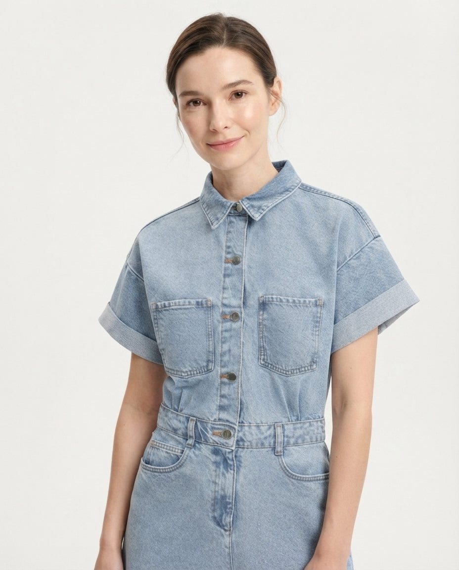Utility Button Down Denim Romper