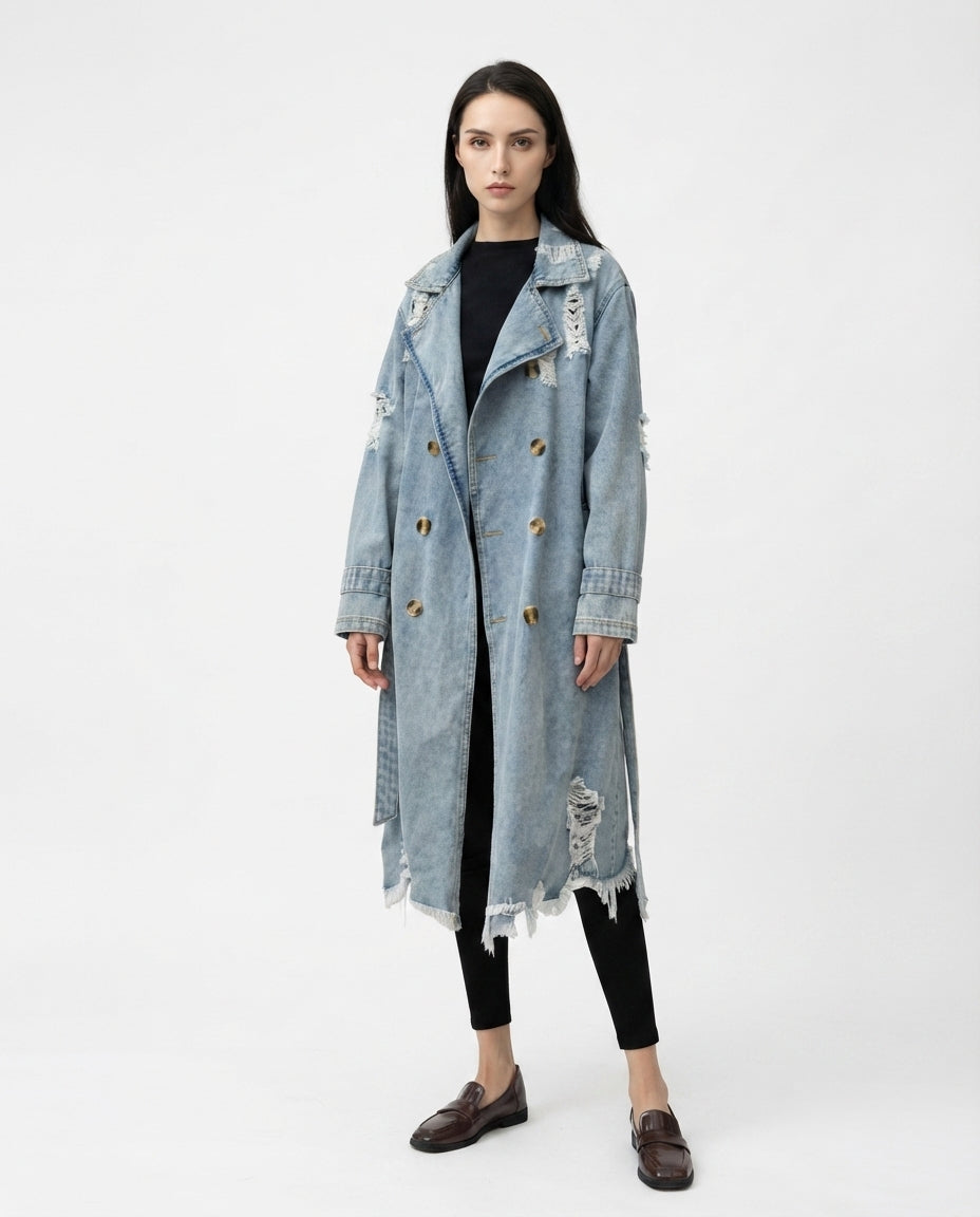 Distressed Denim Trench Coat