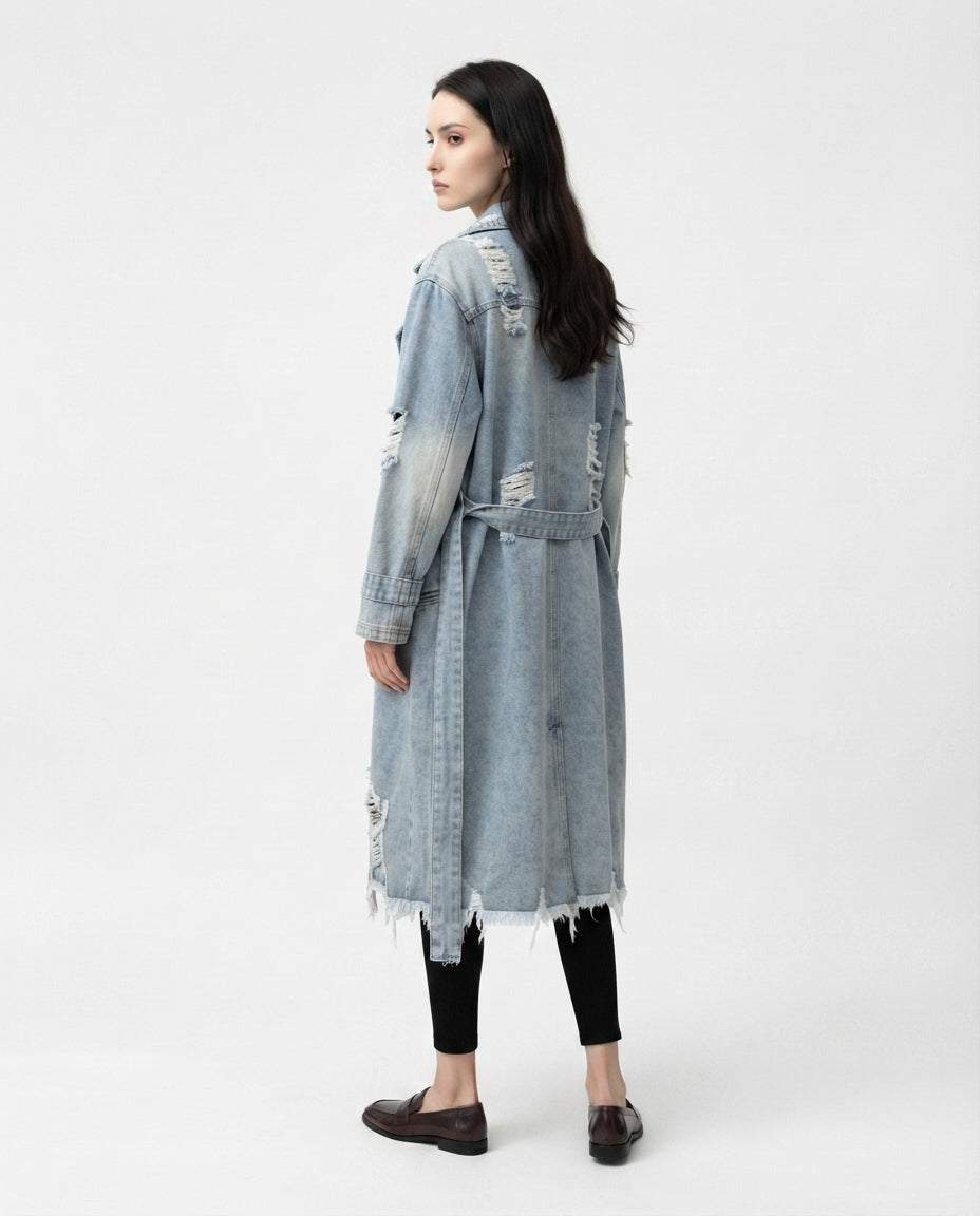 Distressed Denim Trench Coat