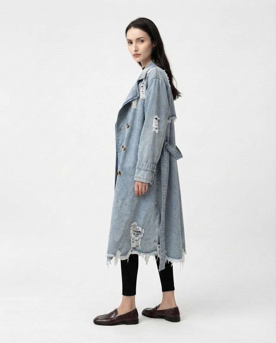 Distressed Denim Trench Coat