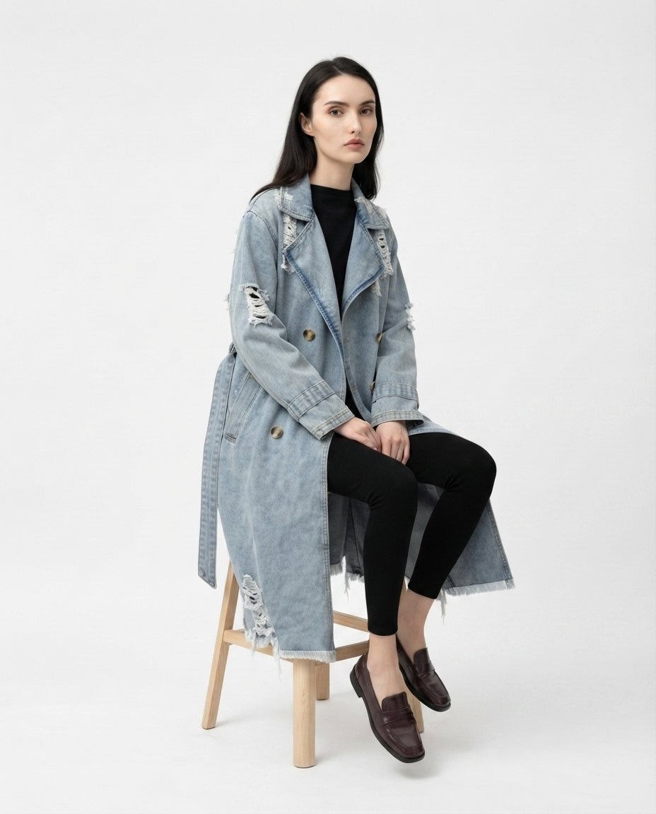 Distressed Denim Trench Coat