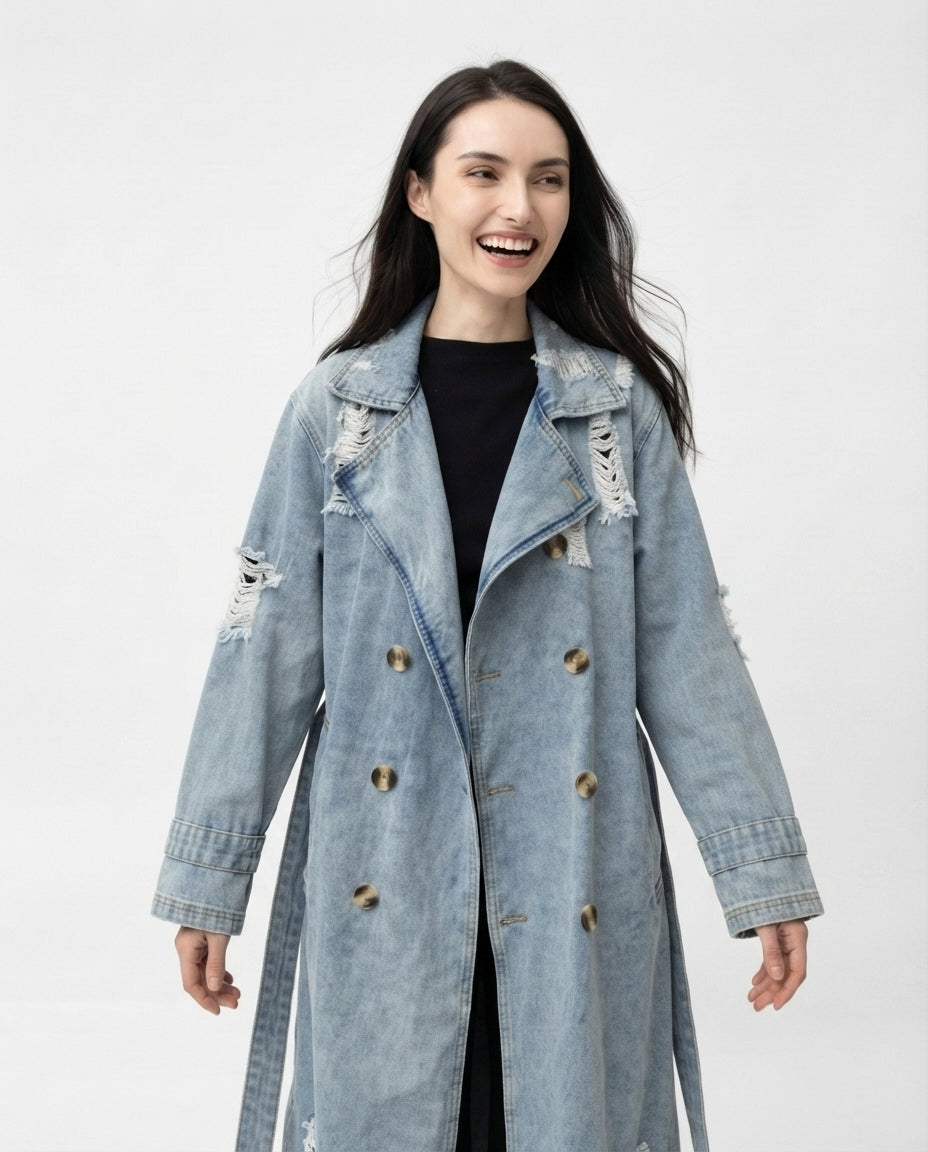 Distressed Denim Trench Coat