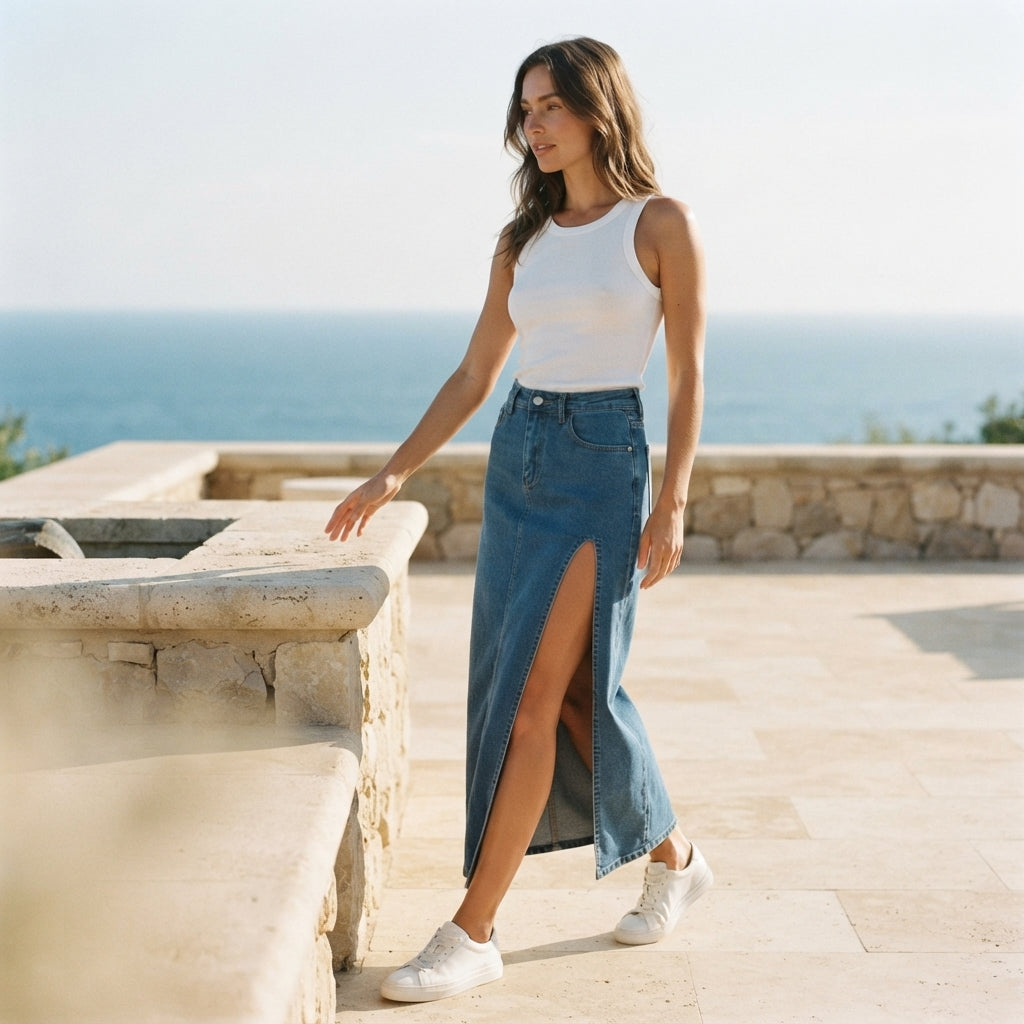 Highline Slit Denim Midi | Mid Wash Side Slit Pencil Skirt | Laveston